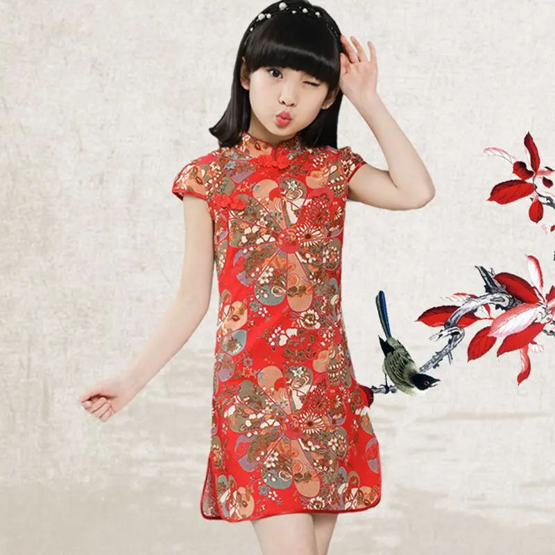 Для девочек Детская Cheongsam Китайский Ципао бальное платье Костюмы лето