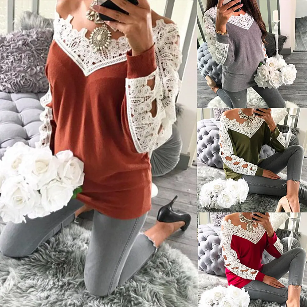 Lace Patchwork New Autumn Winter Knitted Sweater Women Full Sleeve Loose Gray Pullover Female Soft Casual Jumper Knitwear | Женская