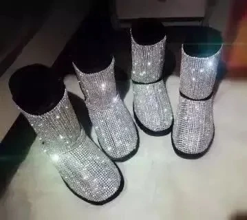 

Women Hot Selling Bling Bling Crystal Embellished Snow Boots Winter Fashion Round Toe Slip On Mid Calf Booties Flat With Shoes