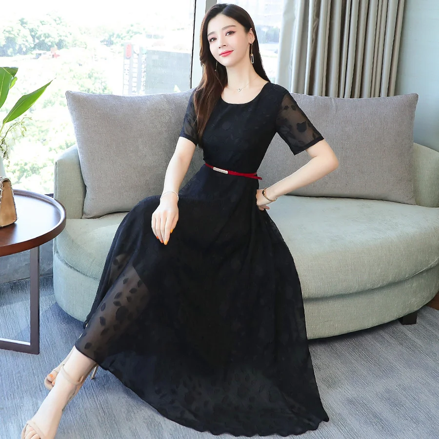 Элегантные однотонные шифоновые платья Boho Сетчатое платье Лето Винтаж 4XL размера плюс черный пляжные макси-сарафан Для женщин Bodycon Вечерние платья