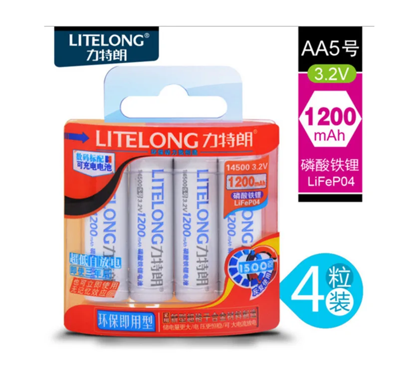 Новая аккумуляторная батарея высокой емкости LITELONG 4 шт. AA 1200 мАч 14500 3 2 В lifepo4 |