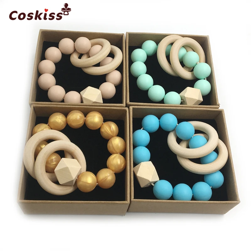 

4pcs Baby Teether Nursing Bracelet Food Grade Silicone Beads Wooden Rings Teether Nature Safe Organic Infant Bangle Teether Toys