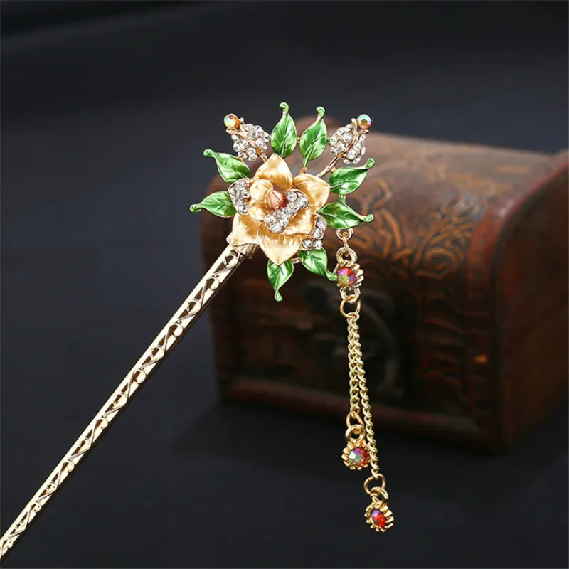 Ful Enamel Rose Flowers Hairpin Rhinestone Crystal Hair Sticks Pin Girls Chinese Style Hair Jewelry