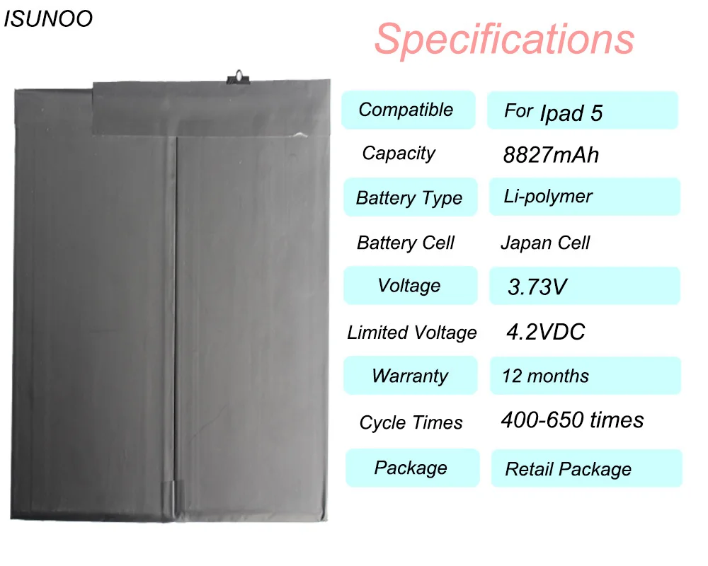 Сменный аккумулятор ISUNOO 5 шт./лот с реальной емкостью 8827 мАч для ipad Air A1474 A1475 A1476 |