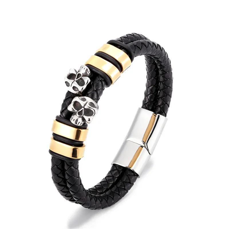 Punk Genuine Leather Stainless Steel Skull Bracelet Braid Double Layer Charm Bracelets Men Women Jewelry Gift homme dropshipping | Украшения