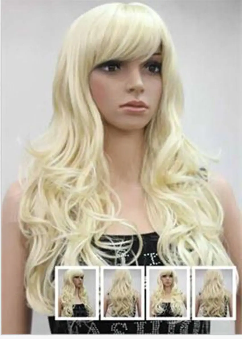 Бесплатная доставка ~ женская мода 65 см длинные волнистые блондинка с челкой
