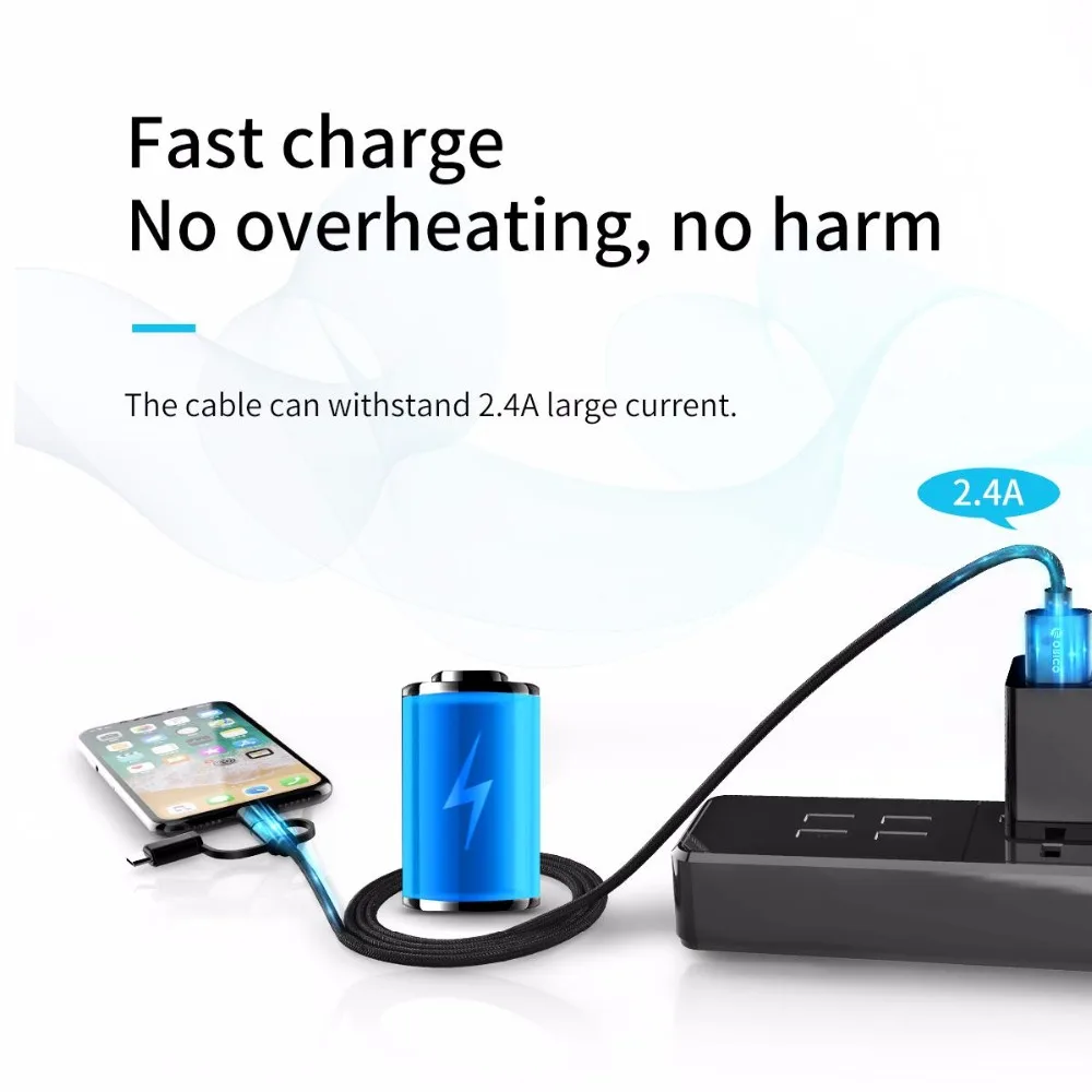 ORICO HT3 все в одном USB кабель A для освещения/Micro B/Type C зарядки iPhone Samsung Huawei P20
