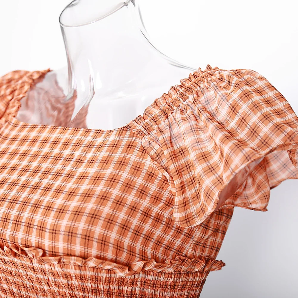 Женское повседневное клетчатое шифоновое летнее платье с коротким рукавом и