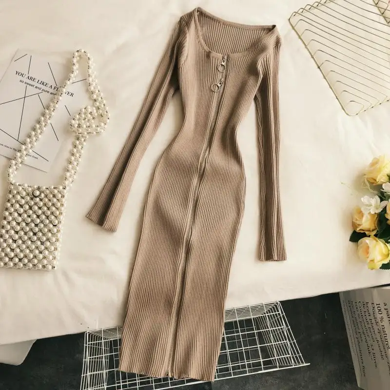 2019 новые модные женские вязаные платья осень и зима с длинным рукавом эластичное