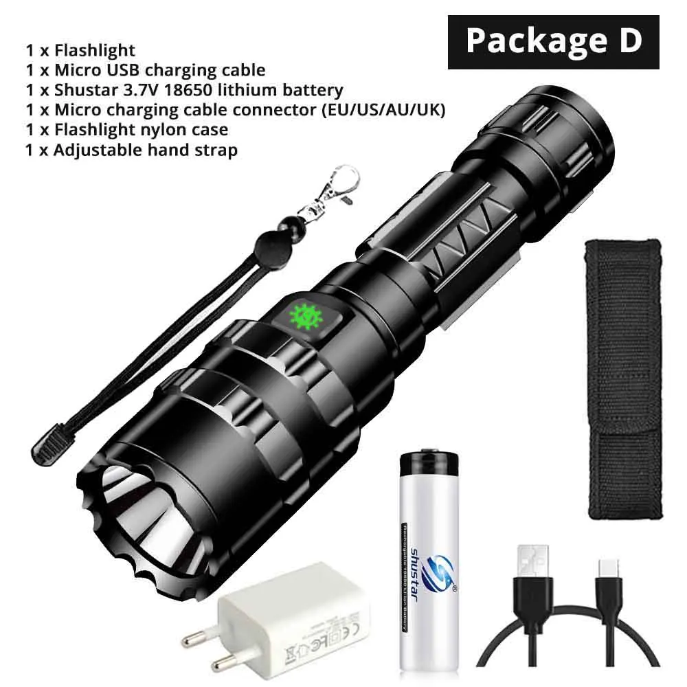 Package D Ультра яркий светодиодный тактический светильник с зарядкой от USB, водонепроницаемый походный светильник фонарь, охотничий светильник, 5 режимов, аккумулятор 18650 - Испускаемый цвет: Package D