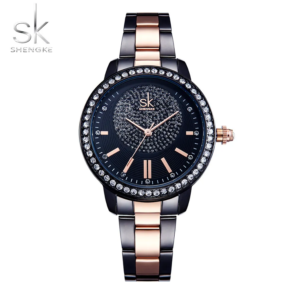 Black Shengke Роскошные Кварцевые часы Женские брендовые Кристальные часы женские наручные часы Reloj Mujer SK модные женские часы - Цвет: Black