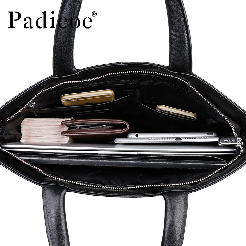 Padieoe New Designer Brand Genuine Cow Leather Men's Briefcase Fashion Solid Color Mens Shoulder Bag Business Laptop Bag