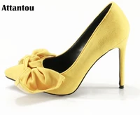 woman yellow suede high heels pumps stiletto thin heel womens shoes pointed toe big bowtie high heels wedding shoes size 35 42