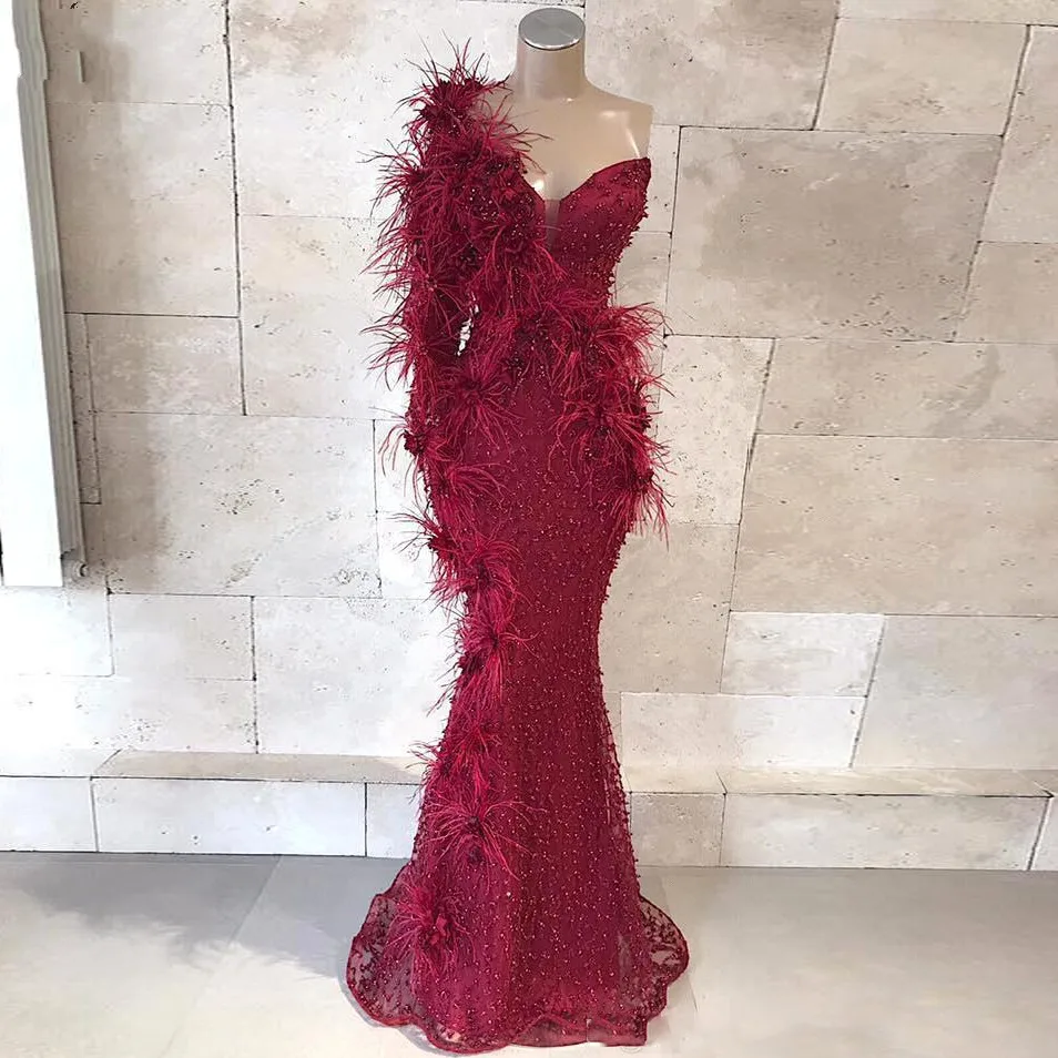 

Saudi Arabic Evening Gowns Sleeves robe de soiree vestido de festa longo Feathers Mermaid Formal Party Dress Bead Custom Made