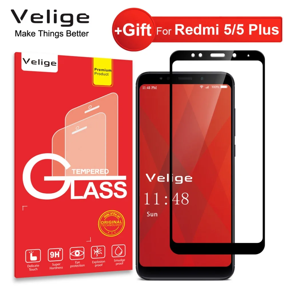 Velige полное покрытие закаленное стекло для Xiaomi Redmi 5 Plus Xiomi Redmi5 защита экрана 9H