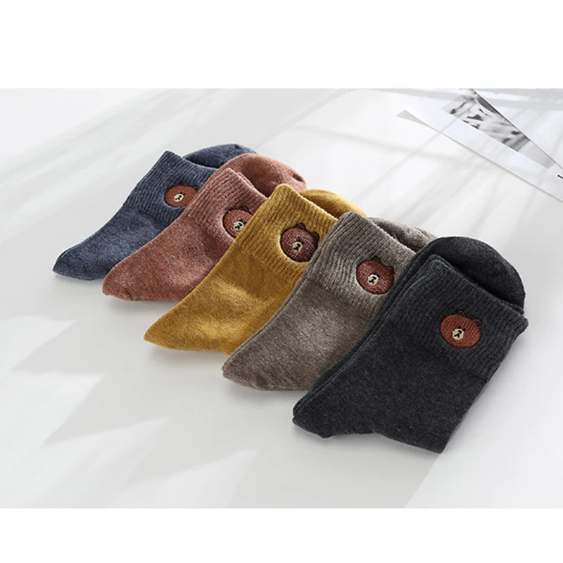 Удобные Хлопковые милые модные женские носки с вышивкой медведя для девочек