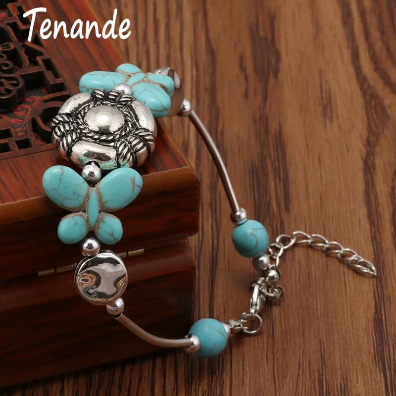 

Tenande Tribal Jewelry Bracelets for Women Natural Stone Carved Lines Butterfly Bracelets & Bangles Femme Tibet Silver Color