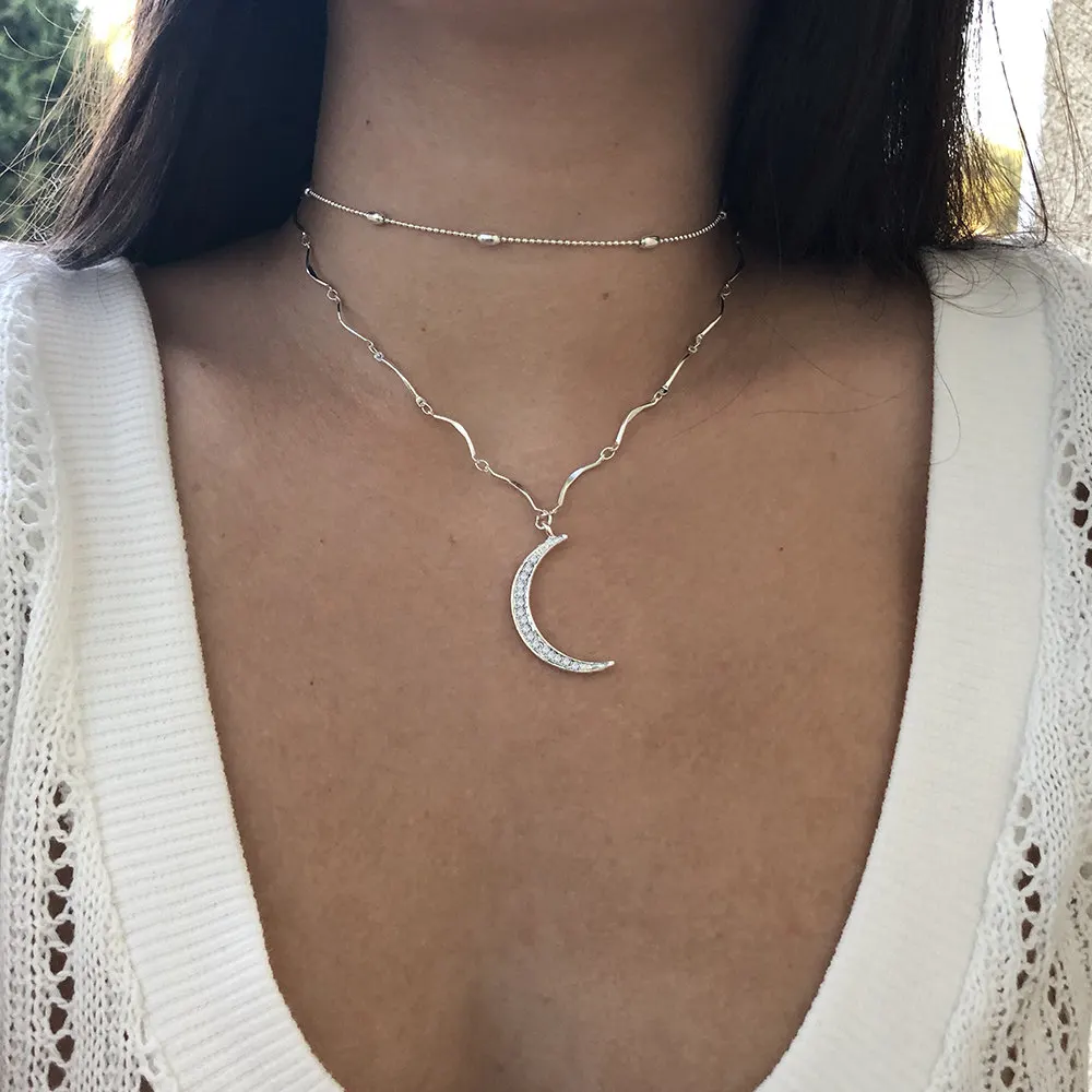 N631 Silver Color Многослойное ожерелье с кулоном в виде Луны, монета, кисточки, Лариат, бар, ожерелье для женщин, винтажное очаровательное колье, ожерелье, массивные ювелирные изделия - Окраска металла: N631 Silver Color