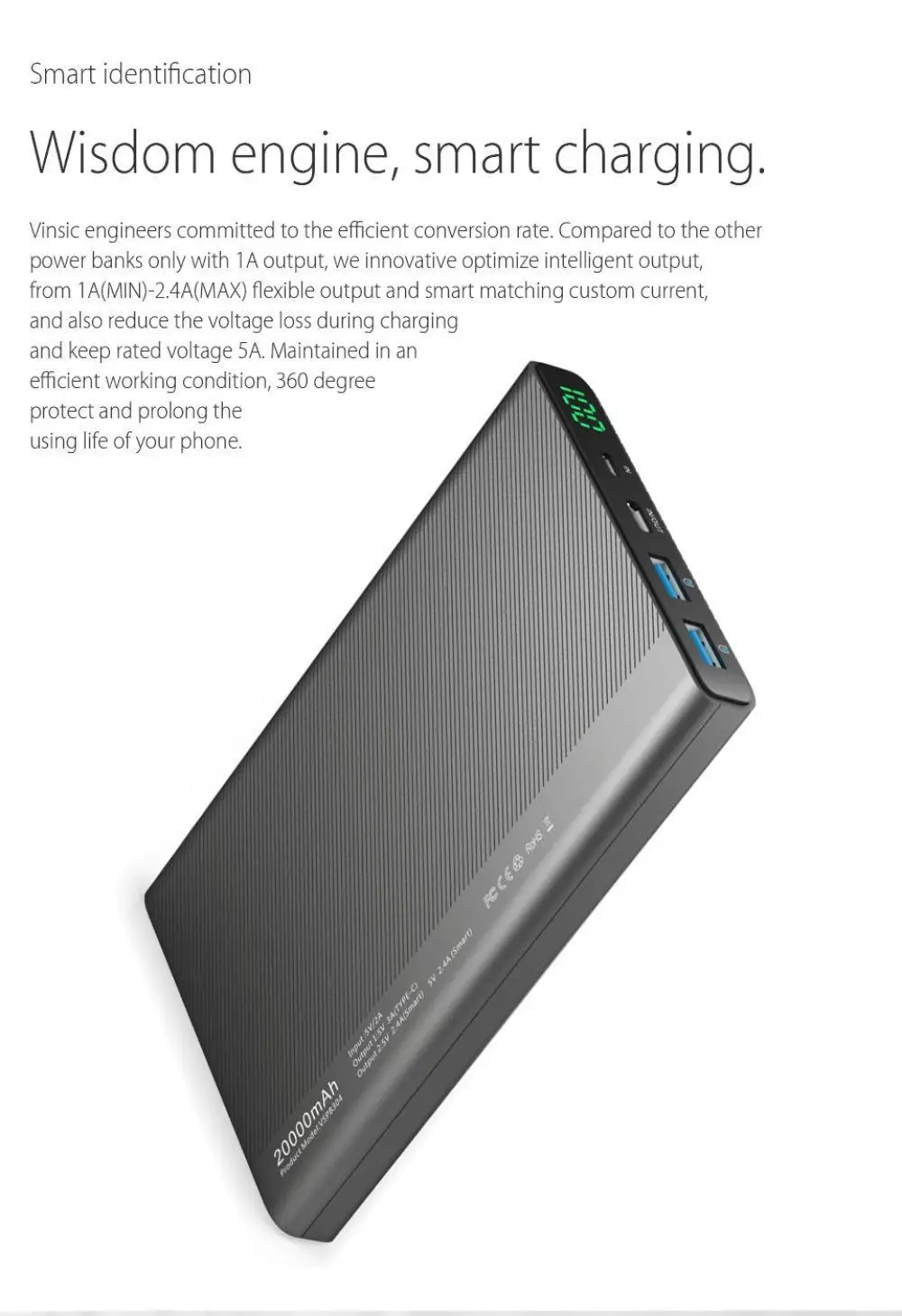Vinsic 20000 мАч Внешний аккумулятор 2USB type-C светодиодный внешний аккумулятор портативное зарядное устройство для Xiaomi Mi iPhone XS samsung S10 huawei