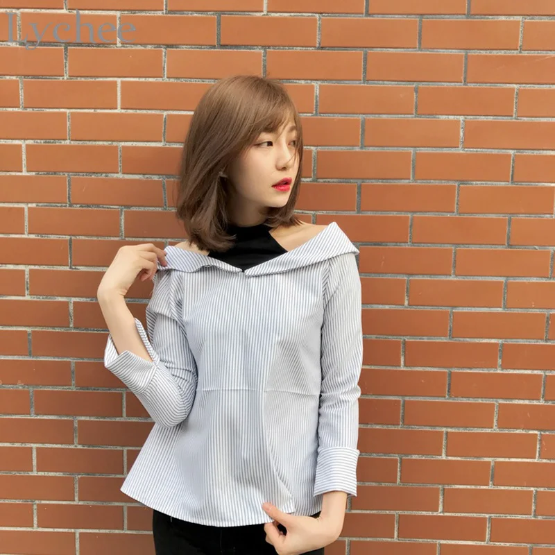 Lychee Spring Autumn Women Blouse Stripe Fake Two Pieces Halter Off Shoulder Casual Loose Long Sleeve Shirt | Женская одежда