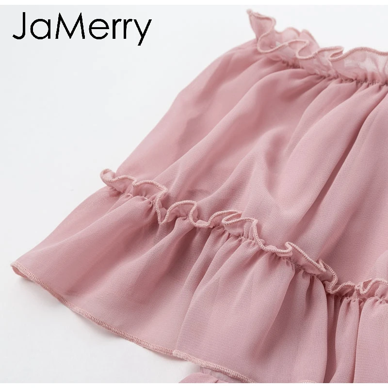 JaMerry, сексуальное женское мини-платье с оборками и открытыми плечами, летние платья на бретельках, праздничные пляжные женские розовые короткие сарафаны