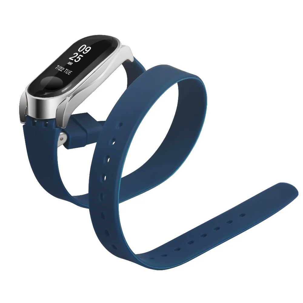 Синий Сменный силиконовый ремешок для часов Xiaomi mi Band 4, длинный ремешок, двойной ремешок для mi band 4, пряжка для mi Band 3, умные аксессуары - Цвет: Синий
