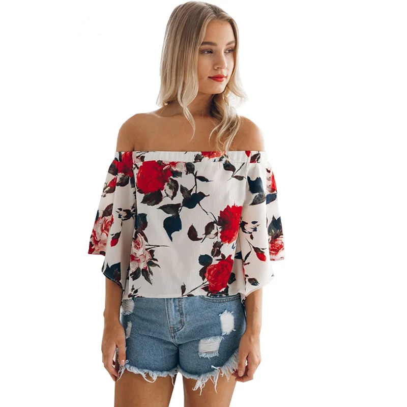 2017 летние женские повседневные Цветочные Топы с вырезом лодочкой свободные