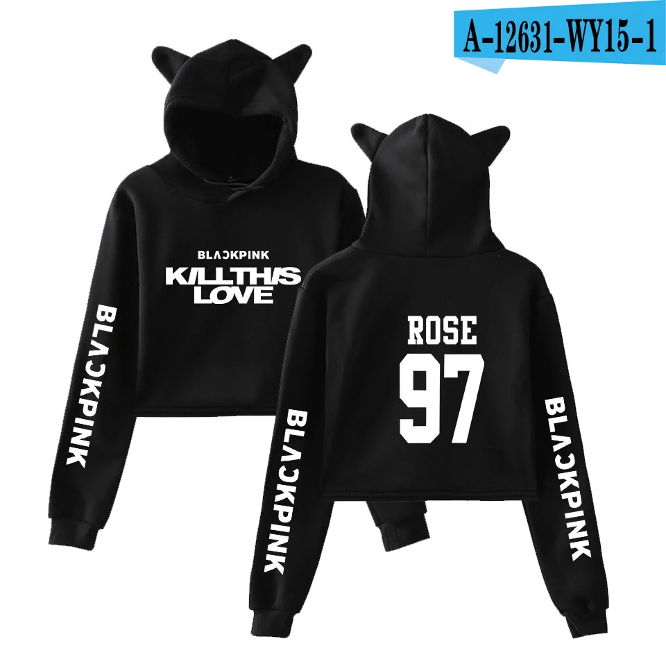black KILL THIS LOVE черные розовые женские укороченные толстовки с капюшоном с длинным рукавом и рисунком кота Новое поступление, горячая распродажа, новая модная уличная одежда - Цвет: black