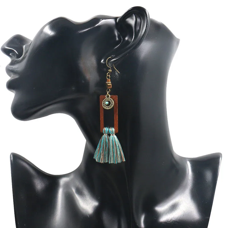 Корейские квадратные серьги из дерева 2019 женские Boho зеленые висячие с кисточками