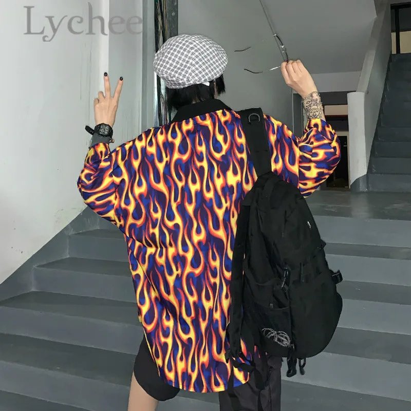 Lychee уличная женская блузка с принтом пламени, летняя рубашка, короткий рукав, отложной воротник, хит цвета, свободная женская рубашка, блузка