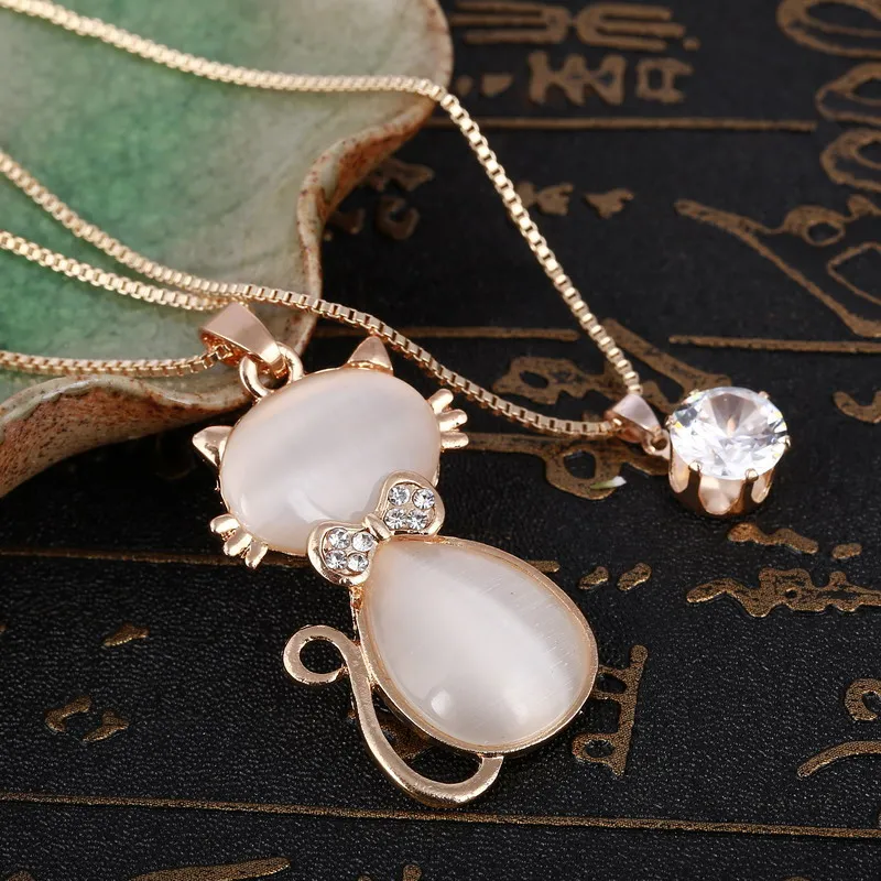 Женское длинное колье с кристаллами ожерелье подвеской в виде милого кота