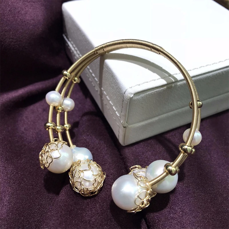 

ANI 14K Roll Gold Handmade Women Bangle Freshwater White Pearl oorbellen Roll Gold boucle d oreille Fashion Design Fine Jewelry