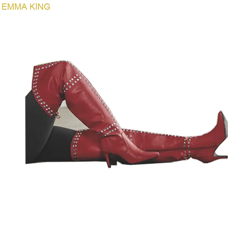 EMMA KING/женские зимние сапоги выше колена из искусственной кожи с острым носком на