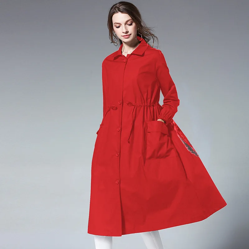 red LANMREM осенний однобортный плащ-Пыльник с круглым вырезом и длинным рукавом, с принтом, а-силуэта, с регулируемой талией, для женщин UA36001 - Цвет: red