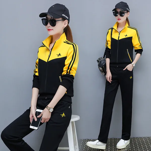 Yellow Повседневный костюм женский новая Корейская версия Спортивная толстовка с воротником-стойкой размера плюс M-4XL осень был тонкий из двух частей желтый и красный - Цвет: Yellow