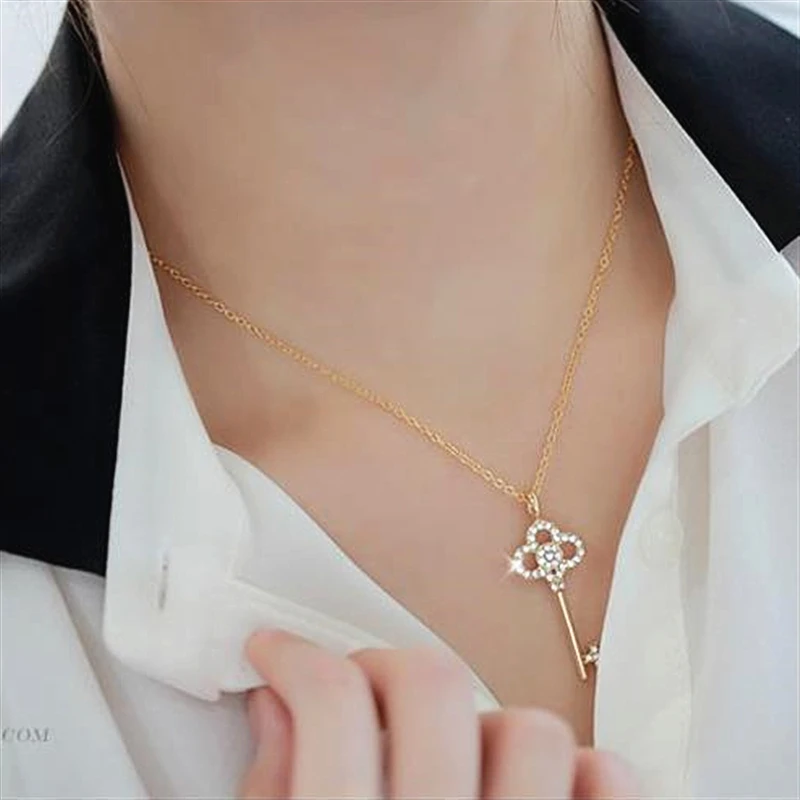 Новинка 2019 нежный золотистый цвет удачный ключ ожерелье s & Кулоны стразы колье