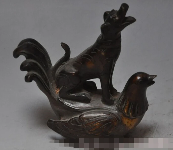 S0527 old chinese fengshui bronze zodiac Chicken Rooster dog Canine wealth statue | Дом и сад