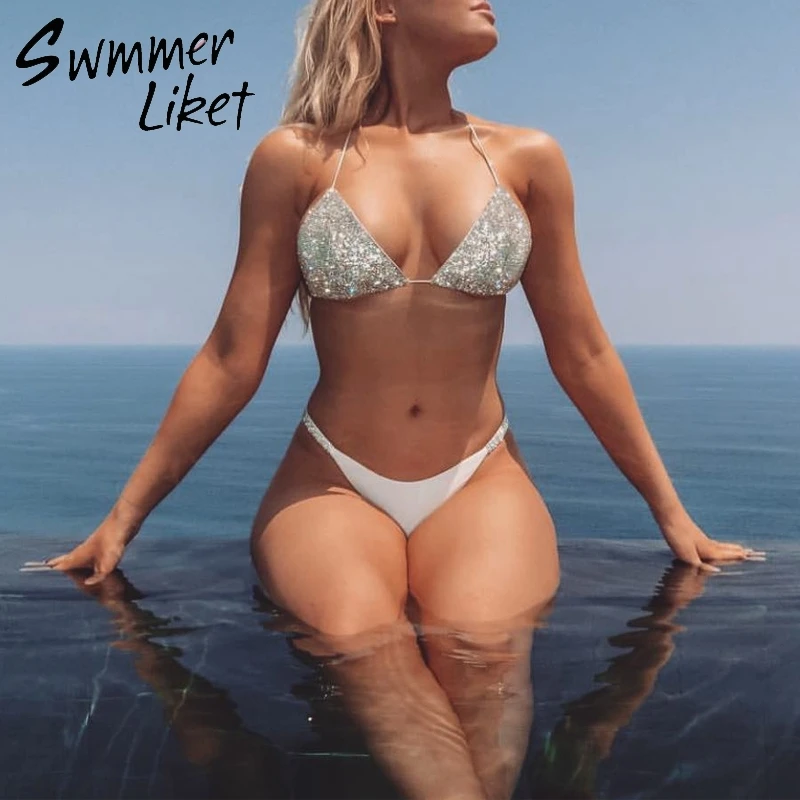 С Лямкой на шее купальный костюм с треугольными трусиками для женщин блеск