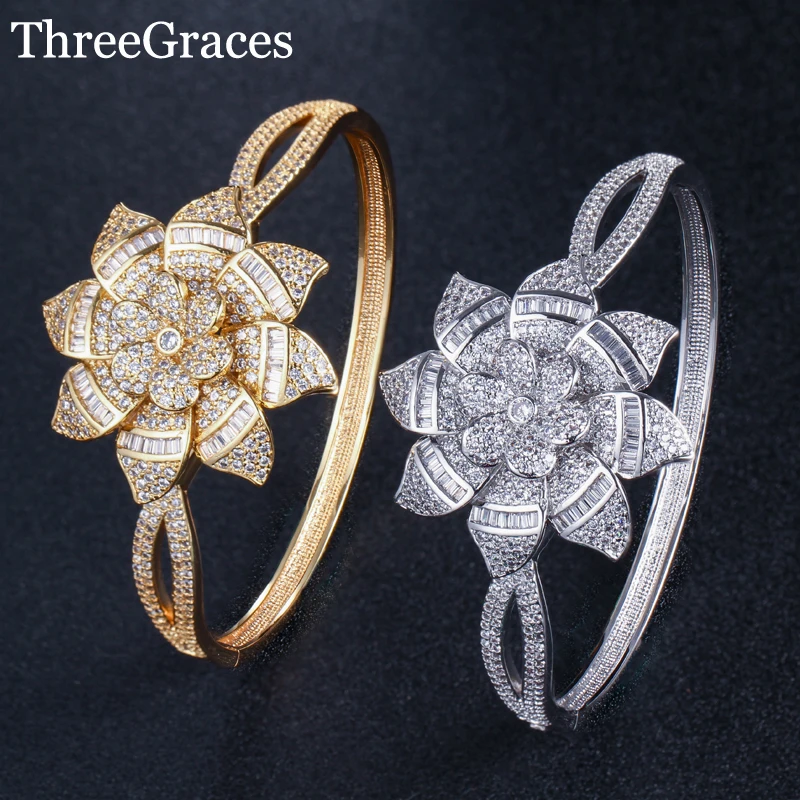 Threegraces микро паве Блестящий кубический цирконий большой цветок в форме