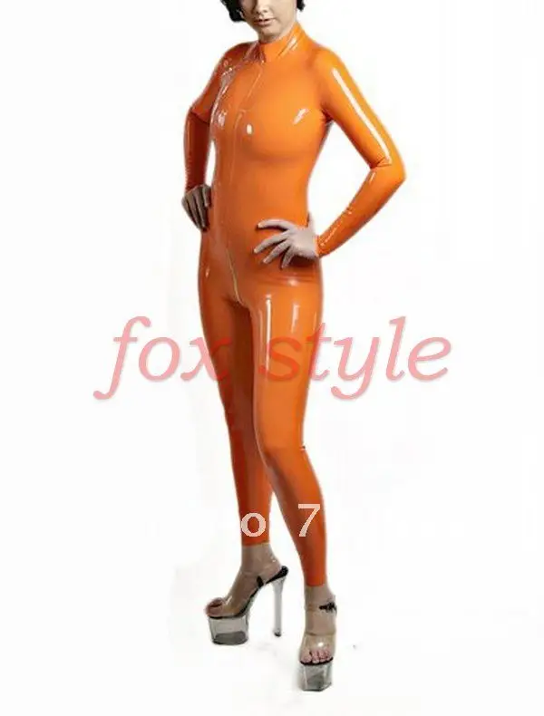 Orange sexy latex cat suit rubber jumpsuits with back to crotch