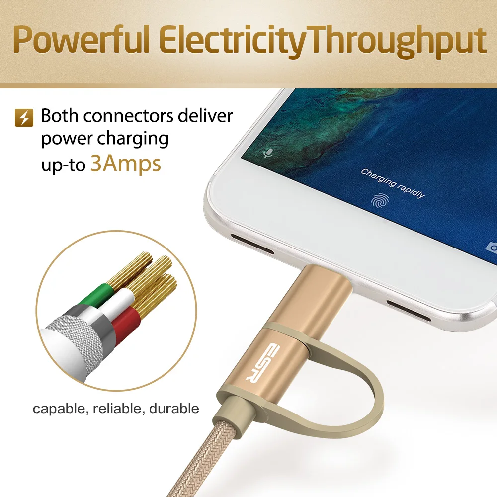 ESR Micro USB для type-c 2 в 1 быстрая зарядка Быстрая зарядка кабель для передачи данных для Android samsung S8 Plus Xiaomi Google Nokia One Plus