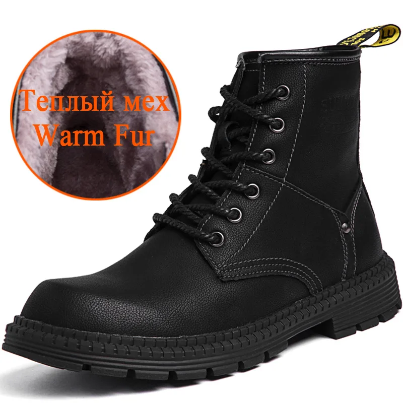 Fur black Брендовые зимние мужские теплые ботинки; Плюшевые Теплые высококачественные мужские ботильоны; уличная мужская обувь на шнуровке; нескользящие осенние мотоботы - Цвет: Fur black
