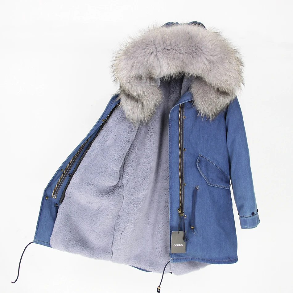 OFTBUY,, парка, длинная, серая, зимняя, куртка, пальто для женщин, натуральный мех, парка, натуральный мех енота, воротник, теплый, мягкий, искусственный мех, подкладка - Цвет: denim grey