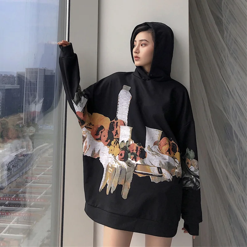 Cheerart, длинные толстовки, Женская толстовка, с принтом, негабаритная, с капюшоном, черная, флисовая, зимняя, толстовка с капюшоном, женская, Harajuku, уличная одежда