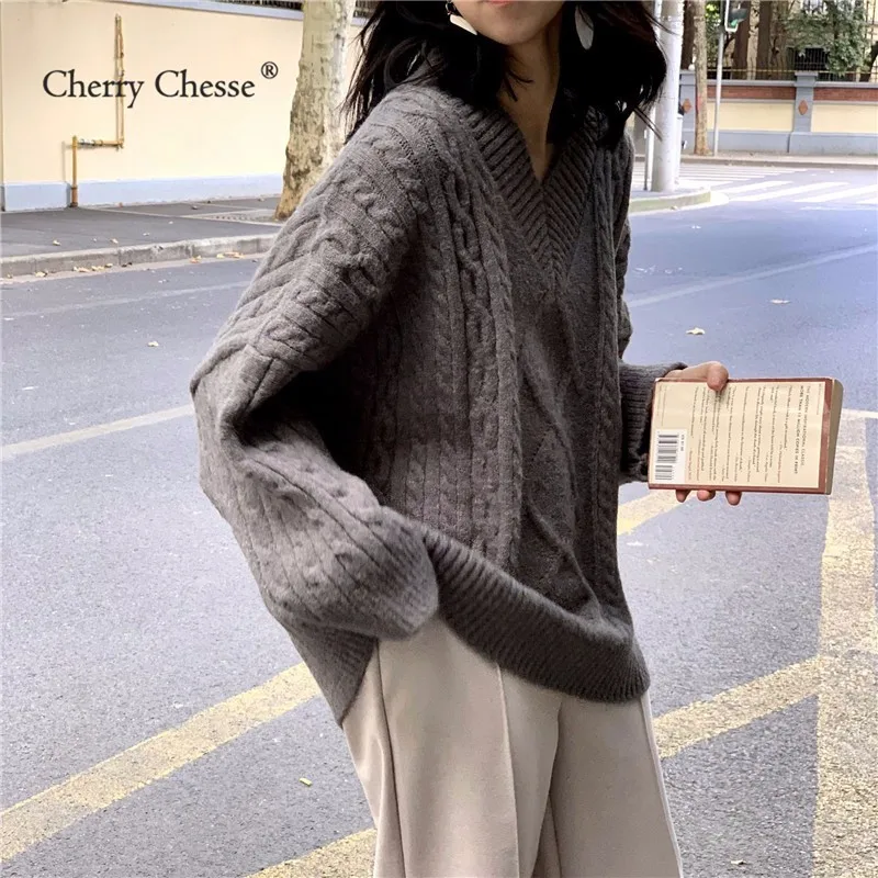 Cherry Chesse Women Autumn Twist Sweater Long Sleeve Solid V Neck Tops Female Casual Pullovers | Женская одежда