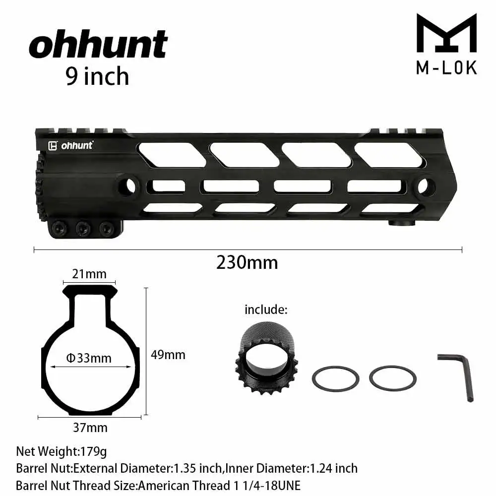 Ohhunt AR15 поплавок M-LOK Handguard Пикатинни тонкий стиль стальной баррель гайка для охоты прицел крепление с петлей отверстие - Цвет: 9 inch Black