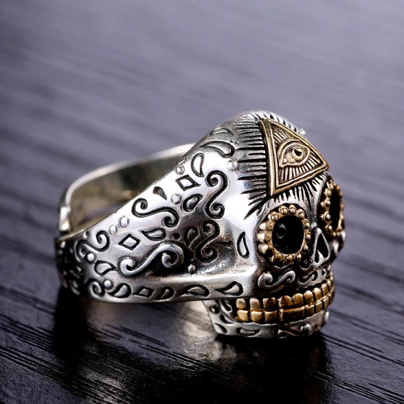 S925 silver gilt silver eye of God Horus retro opening skull ring finger male domineering personality