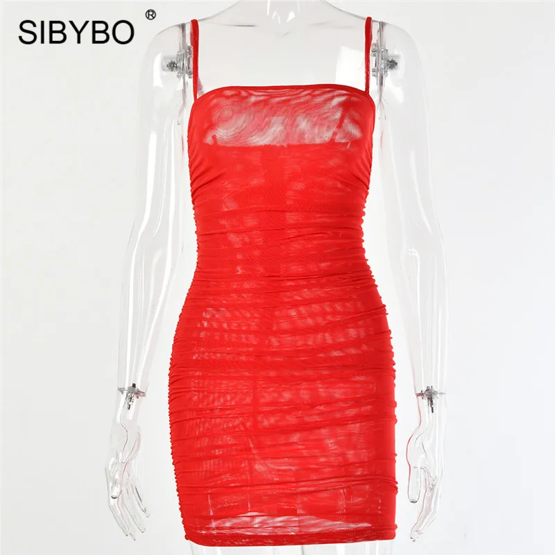 Красный Sibybo, Сетчатое летнее платье без бретелек, женское, без рукавов, на тонких бретелях, сексуальное, мини-платье, с открытой спиной, Пляжное, вечернее платье, короткое - Цвет: Красный