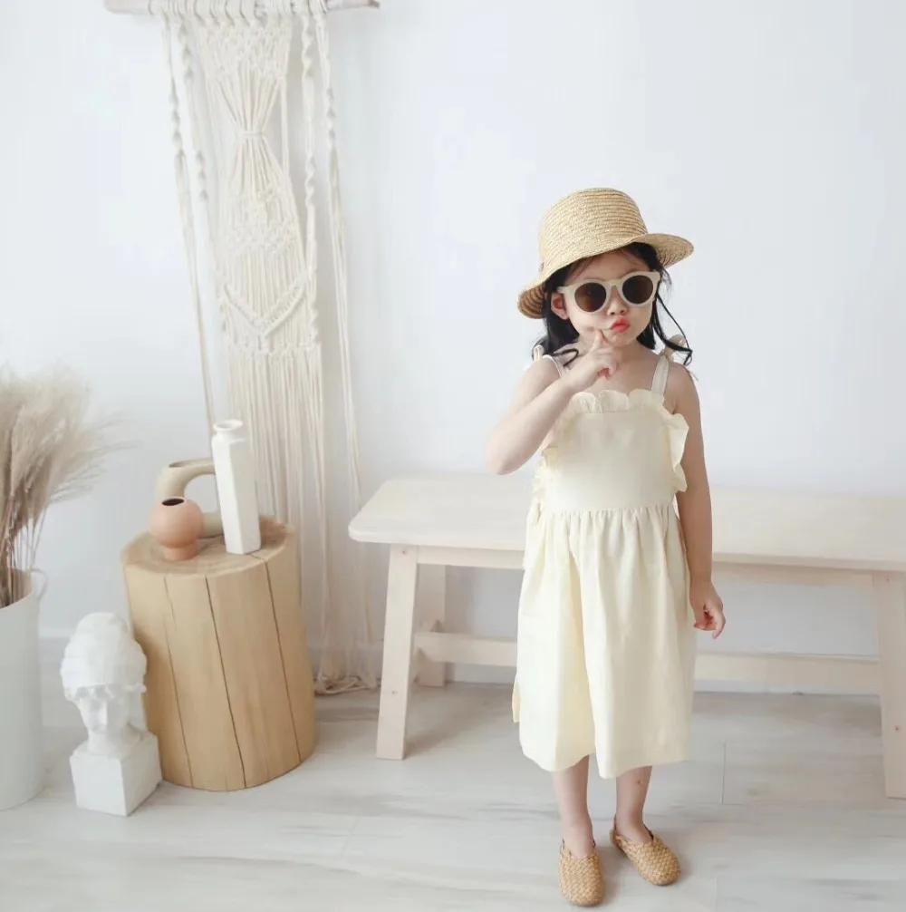 kids dresses Romantic summer dress solid color bow tie strap lovely baby girls clothes Cotton&amplinen comfortable fabric | Детская