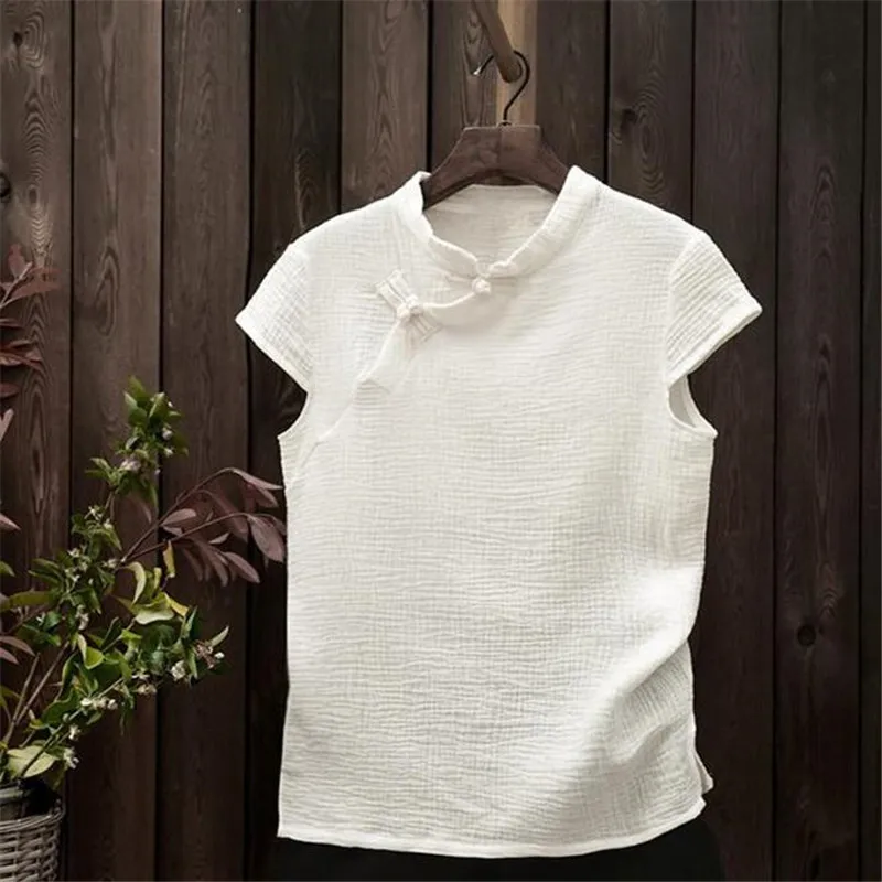 Женские блузки летние с коротким рукавом из хлопка и льна свободные Blusa Feminina топы Модные однотонные рубашки